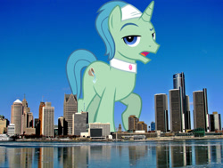 Size: 2841x2153 | Tagged: safe, artist:cloudyglow, artist:jaredking779, derpibooru import, birch bucket, pony, unicorn, detroit, giant pony, giant unicorn, high res, highrise ponies, irl, looking at you, macro, male, mega giant, michigan, open mouth, photo, ponies in real life, raised hoof, raised leg, spa pony, stallion