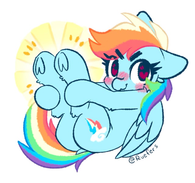 Size: 1294x1213 | Tagged: safe, artist:ruef, derpibooru import, rainbow dash, pegasus, pony, blush sticker, blushing, butt, colored, cute, dashabetes, dock, emanata, eye clipping through hair, eyebrows, eyebrows visible through hair, featured image, female, flat colors, fluffy, folded wings, heart, heart eyes, holding legs, hoof focus, hooves, looking at you, lying down, mare, on back, one ear down, plot, signature, simple background, smiling, solo, tail, thick eyebrows, thick eyelashes, underhoof, wavy mouth, white background, wingding eyes, wings