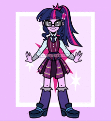 Size: 229x250 | Tagged: safe, artist:antych, derpibooru import, sci-twi, twilight sparkle, equestria girls, equestria girls series, animated, clothes, cowgirl outfit, crystal guardian, crystal prep academy uniform, crystal wings, dress, female, gif, music festival outfit, outfit catalog, pajamas, purple background, school uniform, simple background, small resolution, solo, swimsuit, wings