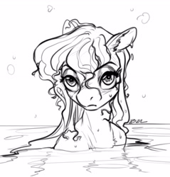 Size: 2677x2803 | Tagged: safe, artist:opalacorn, derpibooru import, oc, oc only, pony, black and white, bust, grayscale, looking at you, monochrome, partially submerged, simple background, solo, water, wet, wet mane, white background