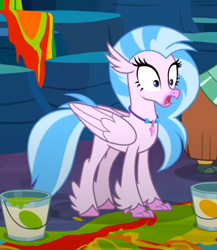 Size: 496x571 | Tagged: safe, derpibooru import, screencap, silverstream, yona, classical hippogriff, hippogriff, yak, uprooted, colored hooves, cropped, female, jewelry, necklace, offscreen character, open mouth, reaction image