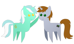 Size: 10000x6000 | Tagged: safe, alternate version, artist:freestadiumtix, derpibooru import, lyra heartstrings, oc, oc:littlepip, pony, unicorn, fallout equestria, boop, cute, duo, female, female duo, horn, lyrabetes, mare, pointy ponies, simple background, transparent background, unicorn oc