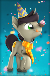 Size: 1088x1642 | Tagged: safe, artist:mister-karter, derpibooru import, oc, oc only, oc:morozov, oc:nightmare crystal, pegasus, unicorn, 3d, birthday, clothes, food, horn, pegasus oc, scarf, socks, solo, source filmmaker, striped socks, tongue, tongue out, unicorn oc, unshorn fetlocks