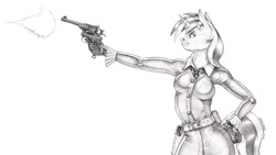 Size: 1600x902 | Tagged: safe, artist:baron engel, derpibooru import, oc, oc only, oc:skyfall, anthro, unicorn, anthro oc, belt, breasts, clothes, coveralls, female, firing, gloves, grayscale, gun, hand on hip, handgun, holster, mare, monochrome, pencil drawing, revolver, shooting, simple background, solo, stance, story included, tight clothing, traditional art, weapon, webley .455, white background