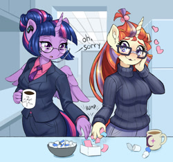 Size: 1600x1496 | Tagged: safe, artist:dstears, derpibooru import, moondancer, twilight sparkle, twilight sparkle (alicorn), alicorn, anthro, unicorn, alternate hairstyle, blushing, breasts, caffeine, chemistry joke, clothes, coffee, coffee mug, earpiece, english, female, floating heart, glasses, half moon glasses, heart, lesbian, mare, mug, office, shipping, suit, twidancer, unrequited