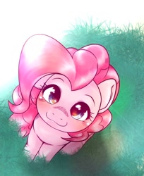 Size: 836x1024 | Tagged: safe, artist:kurogewapony, derpibooru import, pinkie pie, earth pony, pony, abstract background, cute, diapinkes, female, grass, high angle, looking at you, looking up, looking up at you, mare, simple background, sitting, smiling, smiling at you, solo, white background