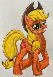 Size: 2119x3058 | Tagged: safe, artist:bozzerkazooers, derpibooru import, applejack, earth pony, grin, lidded eyes, looking at you, smiling, solo, traditional art
