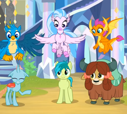 Size: 850x762 | Tagged: safe, derpibooru import, screencap, gallus, ocellus, sandbar, silverstream, smolder, yona, changedling, changeling, classical hippogriff, dragon, earth pony, griffon, hippogriff, pony, yak, uprooted, bow, cloven hooves, colored hooves, cropped, cute, diaocelles, diastreamies, dragoness, eyes closed, female, gallabetes, hair bow, jewelry, male, monkey swings, necklace, sandabetes, smolderbetes, student six, treehouse of harmony, yonadorable