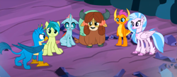 Size: 1505x657 | Tagged: safe, derpibooru import, screencap, gallus, ocellus, sandbar, silverstream, smolder, yona, changedling, changeling, classical hippogriff, dragon, earth pony, griffon, hippogriff, pony, yak, uprooted, bow, cloven hooves, colored hooves, cropped, cute, dragoness, female, hair bow, jewelry, male, monkey swings, necklace, sandabetes, student six