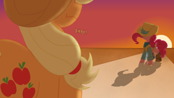 Size: 3840x2160 | Tagged: safe, artist:legendoflink, derpibooru import, applejack, pinkie pie, earth pony, pony, applebetes, clothes, cowboy hat, cute, diapinkes, duo, duo female, female, from behind, hat, oversized hat, showdown, snickering, sundown