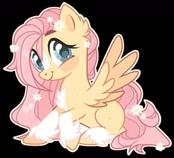 Size: 1277x1161 | Tagged: safe, artist:kreedie, derpibooru import, fluttershy, pegasus, pony, black background, blaze (coat marking), blush sticker, blushing, chest fluff, coat markings, colored hooves, colored wings, ear fluff, ears, facial markings, female, flower, flower in hair, flower in tail, looking at you, mare, missing cutie mark, outline, raised hoof, raised leg, redesign, simple background, sitting, smiling, smiling at you, socks (coat marking), solo, spread wings, stray strand, tail, two toned wings, unshorn fetlocks, white outline, wings