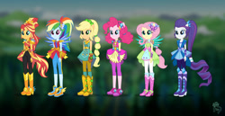 Size: 1920x987 | Tagged: safe, artist:madisontuff, derpibooru import, screencap, applejack, fluttershy, pinkie pie, rainbow dash, rarity, sunset shimmer, equestria girls, legend of everfree, boots, clothes, concept art, cowboy boots, crystal guardian, high heel boots, humane five, jeans, leggings, pants, ponied up, shoes, skirt