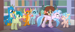 Size: 1511x646 | Tagged: safe, derpibooru import, screencap, cozy glow, gallus, ocellus, sandbar, silverstream, smolder, yona, changedling, changeling, classical hippogriff, dragon, earth pony, griffon, hippogriff, pegasus, pony, yak, what lies beneath, bow, cloven hooves, colored hooves, cropped, dragoness, female, filly, foal, hair bow, jewelry, male, monkey swings, necklace, student six, teenager, tired