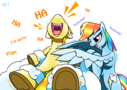 Size: 2159x1529 | Tagged: safe, artist:questionmarkdragon, derpibooru import, rainbow dash, spitfire, pegasus, pony, female, fetish, laughing, mare, tickle fetish, tickle torture, tickling, underhoof, wing hands, wings