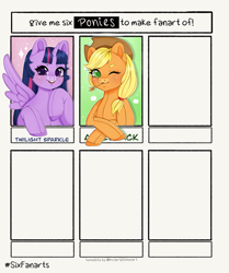 Size: 1715x2048 | Tagged: safe, artist:lumiychan, derpibooru import, applejack, twilight sparkle, twilight sparkle (alicorn), alicorn, pony, bust, cute, eyelashes, hat, one eye closed, six fanarts, smiling, straw in mouth, wink