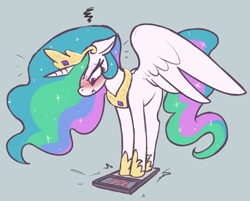 Size: 2660x2140 | Tagged: safe, artist:t72b, derpibooru import, princess celestia, alicorn, pony, angry, ears, female, floppy ears, flustered, frown, jewelry, looking down, mare, nose wrinkle, princess celestia is a horse, regalia, scale, scowl, scrunchy face, simple background, solo, spread wings, weight woe, wings