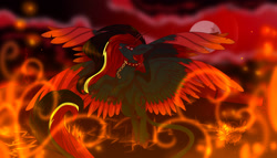 Size: 3239x1851 | Tagged: safe, artist:elektra-gertly, derpibooru import, oc, oc only, demon, demon pony, pony, female, fire, flying, full moon, horns, laughing, mare, moon, solo, spread wings, unshorn fetlocks, wings