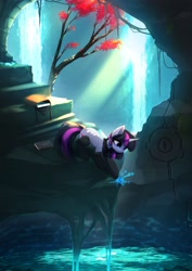 Size: 2670x3777 | Tagged: safe, artist:magnaluna, derpibooru import, twilight sparkle, unicorn twilight, pony, unicorn, bag, bending, book, cave, clothes, female, flower, light rays, looking at something, looking down, mare, reaching, saddle bag, scarf, socks, solo, stairs, tree