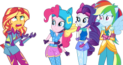 Size: 7397x3909 | Tagged: safe, artist:eclipsethings, derpibooru import, pinkie pie, rainbow dash, rarity, sunset shimmer, human, equestria girls, friendship games, bow, hair bow, motocross outfit, ponied up, simple background, skating outfit, sunset shimmer is not amused, transparent background, unamused, vector