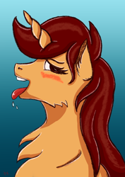 Size: 2894x4093 | Tagged: safe, artist:palettenight, derpibooru import, oc, oc only, oc:palettenight, pony, unicorn, blushing, brown eyes, brown hair, bust, female, horn, horny, looking at you, portrait, solo, teeth, tongue, tongue out