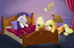 Size: 1680x1092 | Tagged: safe, artist:sameasusual, derpibooru import, applejack, rarity, earth pony, pony, unicorn, bed, duo, eyes closed, female, food, lamp, sick, sneezing, soup, spill, thermometer, tissue, tissue box