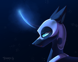 Size: 2000x1600 | Tagged: safe, artist:krampuzzz, derpibooru import, nightmare moon, alicorn, pony, blue eyes, curved horn, digital art, female, glowing, glowing horn, helmet, horn, magic, mare, moonlight, night, open mouth, peytral, signature, simple background, solo, stars