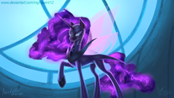 Size: 2880x1620 | Tagged: safe, artist:nightpaint12, derpibooru import, nightmare moon, alicorn, pony, armor, blue eyes, butterfly wings, clothes, crossover, digital art, ethereal mane, ethereal tail, eyelashes, female, flowing mane, flowing tail, grin, hawk moth, helmet, high res, hoof shoes, horn, looking at you, mare, miraculous ladybug, purple mane, purple tail, raised hoof, raised leg, signature, smiling, smiling at you, solo, starry mane, tail, wings
