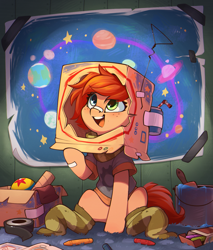 Size: 1218x1430 | Tagged: safe, artist:rexyseven, derpibooru import, oc, oc only, oc:rusty gears, earth pony, pony, ball, bandage, bandaid, bandaid on nose, cardboard box, clothes, crayon, crayons, cute, earth pony oc, female, filly, foal, heterochromia, looking up, ocbetes, open mouth, open smile, paint, paint bucket, paintbrush, scarf, shirt, sitting, smiling, socks, soda can, solo, straw, striped socks, tape, young