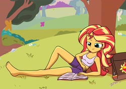 Size: 3856x2725 | Tagged: safe, artist:durdevul, derpibooru import, sunset shimmer, butterfly, human, insect, equestria girls, bag, bare shoulders, barefoot, book, clothes, eyebrows, feet, female, high res, park, reading, shorts, sleeveless, smiling, solo, tanktop, tree