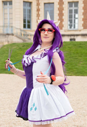 Size: 1024x1485 | Tagged: safe, artist:angelangelyss, derpibooru import, rarity, human, clothes, cosplay, costume, cutie mark on clothes, glasses, irl, irl human, jewelry, measuring tape, necklace, pearl necklace, photo, pincushion, rarity's glasses, scissors, solo