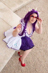 Size: 726x1100 | Tagged: safe, artist:angelangelyss, derpibooru import, rarity, human, breasts, cleavage, clothes, cosplay, costume, cutie mark on clothes, glasses, high heels, irl, irl human, jewelry, necklace, pearl necklace, photo, rarity's glasses, shoes, solo