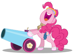 Size: 979x720 | Tagged: safe, artist:gratlofatic, derpibooru import, edit, editor:pagiepoppie12345, pinkie pie, earth pony, pony, bag, bipedal, cannon, clothes, dusk till dawn, female, goggles, mare, nose in the air, open mouth, party cannon, saddle bag, scarf, shadow, simple background, smiling, socks, transparent background, uvula, volumetric mouth