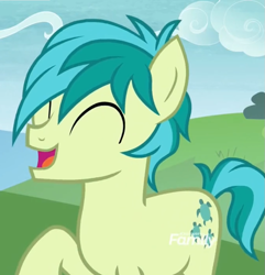 Size: 837x868 | Tagged: safe, derpibooru import, screencap, sandbar, earth pony, pony, non-compete clause, cropped, cute, eyes closed, male, raised leg, sandabetes, solo