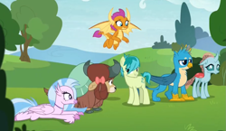 Size: 1121x649 | Tagged: safe, derpibooru import, screencap, gallus, ocellus, sandbar, silverstream, smolder, yona, changedling, changeling, classical hippogriff, dragon, earth pony, griffon, hippogriff, pony, yak, non-compete clause, bow, cloven hooves, colored hooves, cropped, cute, diaocelles, diastreamies, dragoness, female, gallabetes, hair bow, jewelry, lying down, male, monkey swings, necklace, sandabetes, smolderbetes, student six, yonadorable