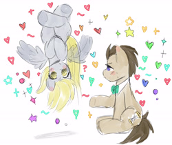 Size: 6121x5135 | Tagged: safe, artist:franshushu, derpibooru import, derpy hooves, doctor whooves, pegasus, pony, absurd resolution, adorable face, colored sketch, confused, cute, duo, female, heart, love, male, mare, romance, romantic, shipping, simple background, sketch, stallion, upside down, white background