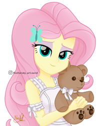 Size: 836x1056 | Tagged: safe, artist:fluttershy_art.nurul, derpibooru import, fluttershy, butterfly, human, equestria girls, art, beautiful, beautiful eyes, beautiful hair, bedroom eyes, brown, clothes, cute, dress, eyelashes, eyeshadow, fanart, green eyes, looking at you, makeup, pink eyeshadow, pink hair, plushie, shyabetes, signature, simple background, smiling, smiling at you, solo, tape, teddy bear, white, white background, white dress, woman, yellow skin