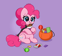 Size: 4139x3687 | Tagged: safe, artist:kittyrosie, derpibooru import, pinkie pie, earth pony, pony, candy, chocolate, cute, cute little fangs, diapinkes, fangs, female, food, halloween, holiday, mare, purple background, simple background, sitting, smiling, solo, vampire costume