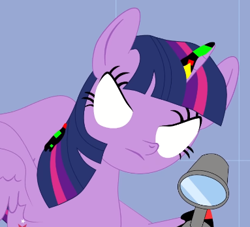 Size: 383x348 | Tagged: safe, artist:fasttoon, derpibooru import, twilight sparkle, twilight sparkle (alicorn), alicorn, pony, angry, binoculars, corrupted, dusk till dawn, error, female, flying, glitch, horn, mare, pibby, spread wings, wings, youtube link