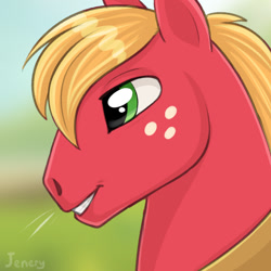 Size: 1280x1280 | Tagged: safe, artist:jenery, derpibooru import, big macintosh, earth pony, pony, blurry background, bust, freckles, grin, horse collar, male, portrait, smiling, solo, stallion