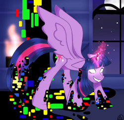 Size: 496x478 | Tagged: safe, artist:spooky ayu, derpibooru import, twilight sparkle, twilight sparkle (alicorn), alicorn, pony, castle of the royal pony sisters, corrupted, dusk till dawn, ears, error, female, fire, floppy ears, glitch, glowing, glowing eyes, horn, magic, mare, moon, night, pibby, signature, smiling, sparkles, speedpaint available, spread wings, stars, torch, wings, youtube link
