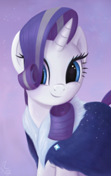 Size: 2712x4296 | Tagged: safe, artist:fladdrarblyg, derpibooru import, edit, rarity, pony, the last problem, clothes, colored, female, hair over one eye, head turn, looking at you, mare, older, older rarity, removed eyebag edit, signature, simple background, smiling, solo, three quarter view