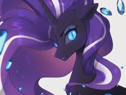 Size: 1600x1200 | Tagged: safe, artist:hosikawa, derpibooru import, nightmare rarity, alicorn, pony, unicorn, blue eyes, bust, crystal, digital art, ethereal mane, eye clipping through hair, eyeshadow, female, flowing mane, gem, glowing, glowing eyes, horn, looking at you, makeup, mare, nightmarified, purple mane, simple background, solo, sparkles, starry mane, white background