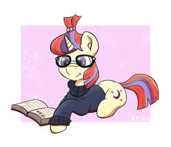Size: 1655x1425 | Tagged: safe, artist:single purpose, derpibooru import, moondancer, pony, unicorn, book, clothes, cute, female, glasses, lying down, mare, reading, simple background, smiling, solo, sweater