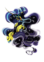 Size: 2480x3508 | Tagged: safe, artist:therissinghoothoot, derpibooru import, nightmare rarity, pony, unicorn, collaboration, blue eyes, bust, colored pupils, crown, curved horn, digital art, eyeshadow, female, flowing mane, gem, horn, jewelry, lidded eyes, long horn, long mane, makeup, mare, necklace, purple mane, regalia, simple background, smiling, solo, transparent background
