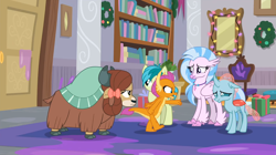 Size: 1600x898 | Tagged: safe, derpibooru import, screencap, ocellus, sandbar, silverstream, smolder, yona, changedling, changeling, classical hippogriff, dragon, earth pony, hippogriff, pony, yak, the hearth's warming club, angry, bookshelf, bow, cloven hooves, colored hooves, dragoness, female, hair bow, jewelry, male, monkey swings, necklace, present