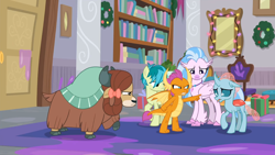 Size: 1600x900 | Tagged: safe, derpibooru import, screencap, ocellus, sandbar, silverstream, smolder, yona, changedling, changeling, classical hippogriff, dragon, earth pony, hippogriff, pony, yak, the hearth's warming club, angry, bow, cloven hooves, colored hooves, dragoness, female, hair bow, jewelry, male, monkey swings, necklace, pointing