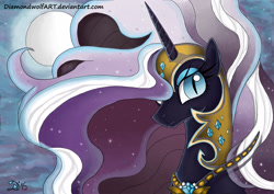 Size: 2554x1806 | Tagged: safe, artist:diamondwolfart, derpibooru import, nightmare rarity, pony, unicorn, blue eyes, digital art, ethereal mane, eyelashes, eyeshadow, female, flowing mane, gem, helmet, horn, jewelry, looking at you, makeup, mare, moon, moonlight, night, peytral, purple mane, signature, sky, solo, sparkles