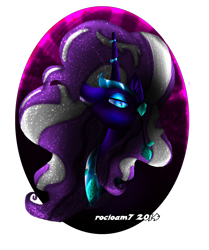 Size: 2205x2640 | Tagged: safe, artist:rocioam7, derpibooru import, nightmare rarity, pony, unicorn, blue eyes, bust, crown, digital art, ethereal mane, eyeshadow, female, gem, high res, horn, jewelry, lidded eyes, looking at you, makeup, mare, peytral, purple mane, regalia, signature, simple background, solo, sparkles, starry mane, teeth, transparent background