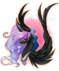 Size: 1224x1468 | Tagged: safe, artist:blake-rosey, derpibooru import, nightmare star, princess celestia, alicorn, pony, bust, curved horn, digital art, ethereal mane, eyelashes, feather, female, flowing mane, glowing, glowing eyes, grin, horn, mare, nightmarified, peytral, pink eyes, signature, simple background, smiling, solo, sparkles, spread wings, starry mane, stars, teeth, white background, wings