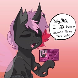 Size: 1790x1788 | Tagged: safe, artist:bluemoon, derpibooru import, oc, oc only, oc:heartstring fiddler, changeling, changeling oc, commission, cute, cuteling, dialogue, fangs, id card, license, pink changeling, solo, watermark, ych result